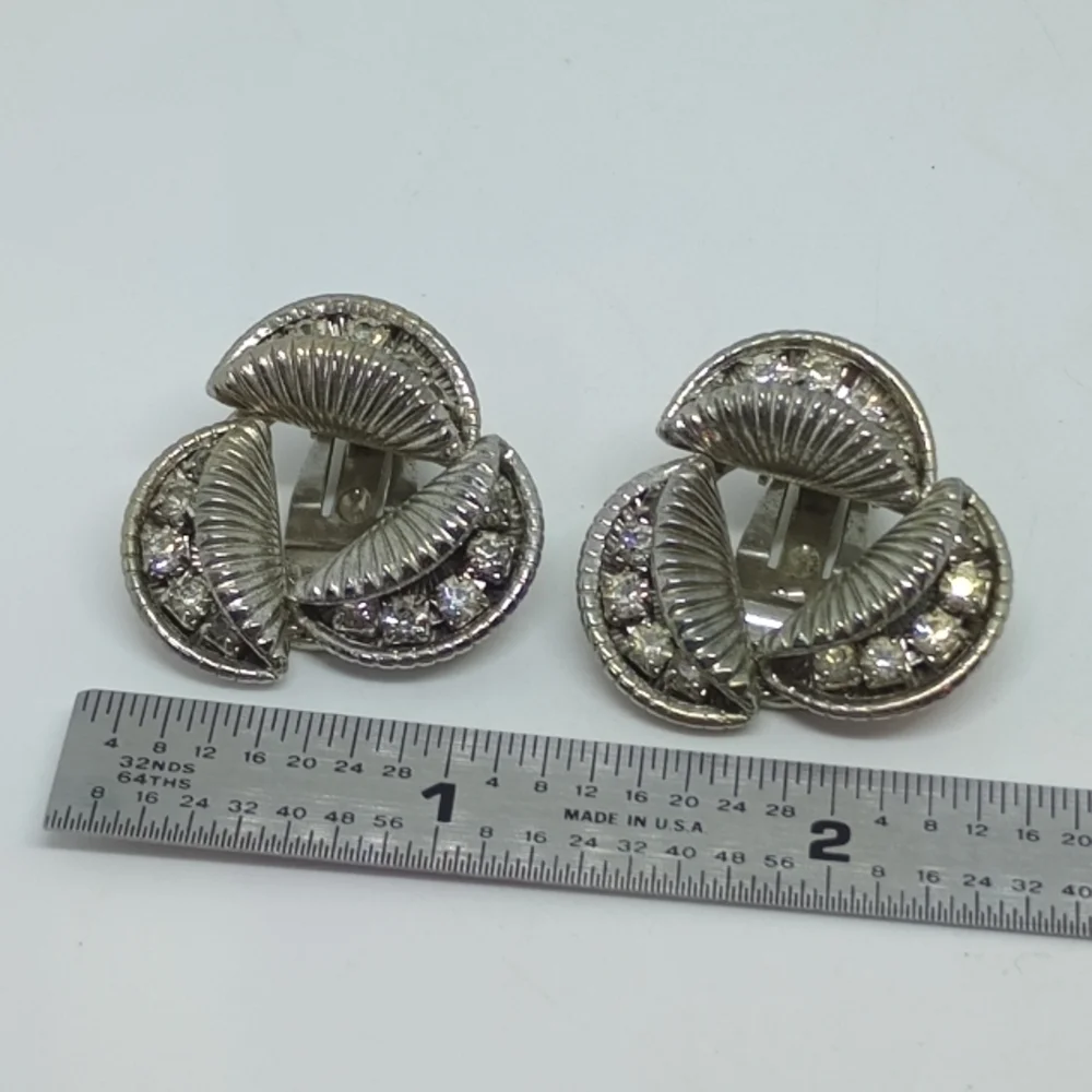 * vintage textured silver tone & rhinestones clip on earrings